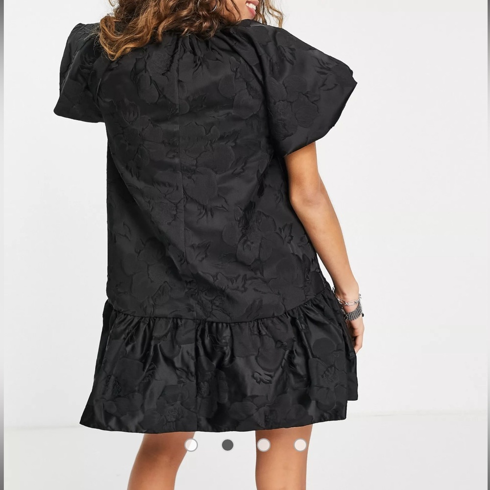 Topshop premium puff sleeve floral jacquard mini dress in black